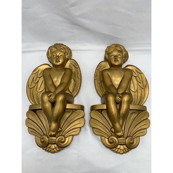 2 PC Gold Chalkware Angel 8"x4" Wall Hanging MCM - Picture 1 of 6